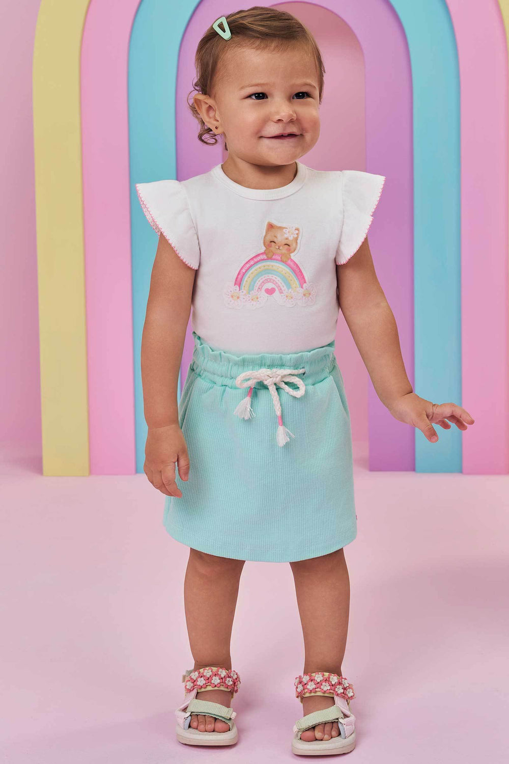 Conjunto de Body em Suedine e Short Saia em Canelado Kukiê Bebê Menina
