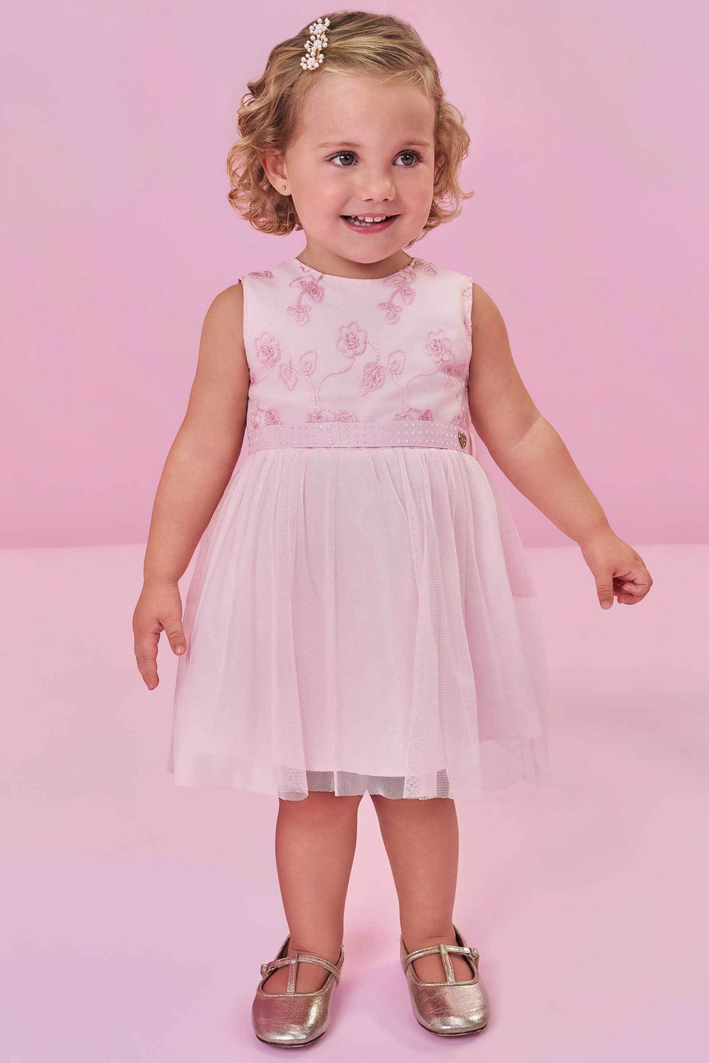 Vestido em Tule Bordado Flores Kukiê Bebê Menina