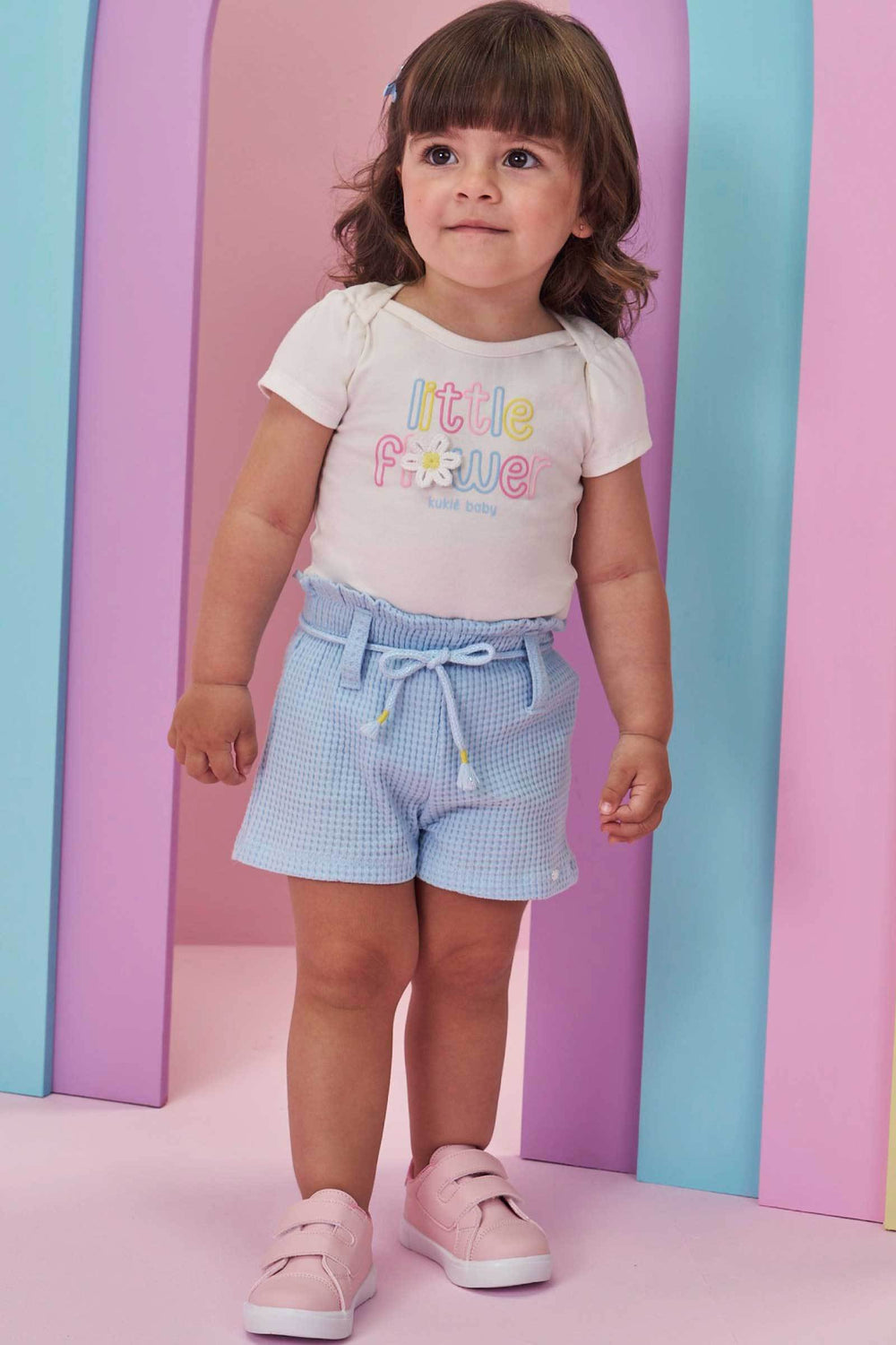 Conjunto de Body em Cotton e Shorts em Malha Big Waffle Kukiê Bebê Menina
