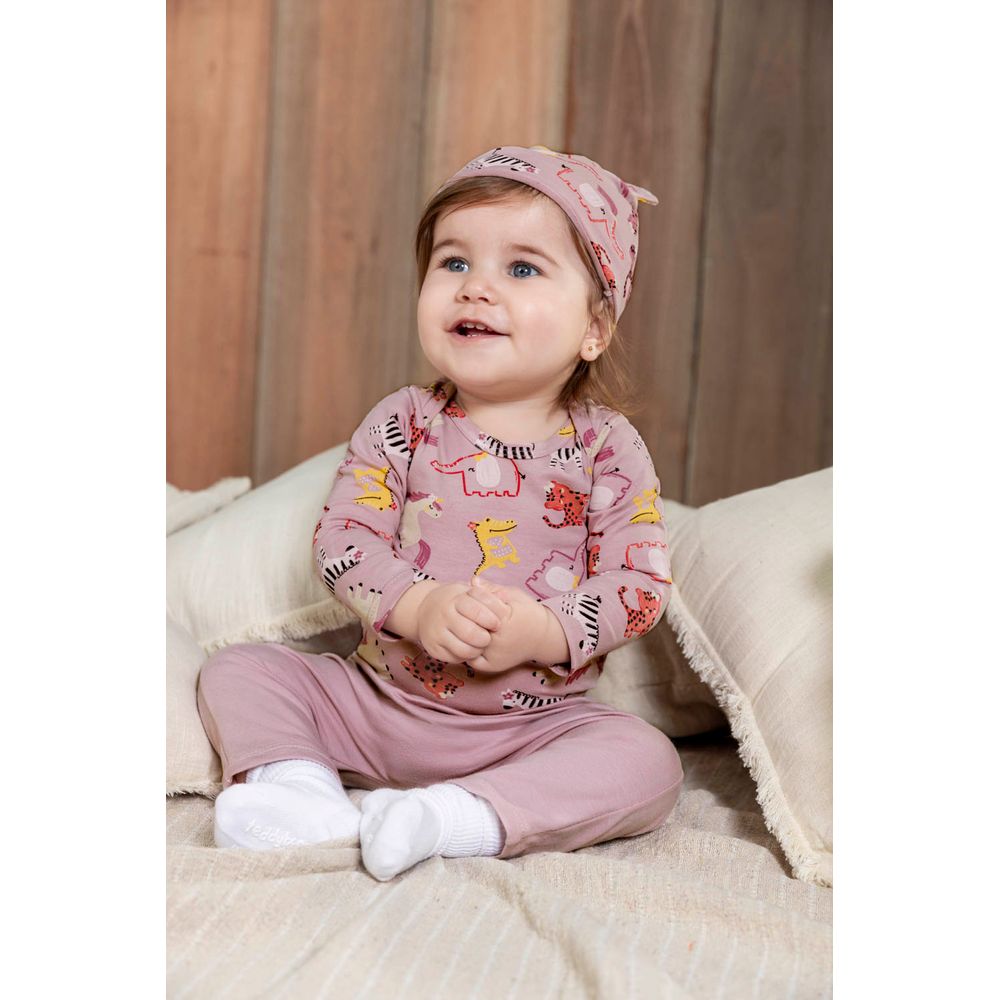 Kit Bebê Menina Com Touca Estampada Elian Rosa