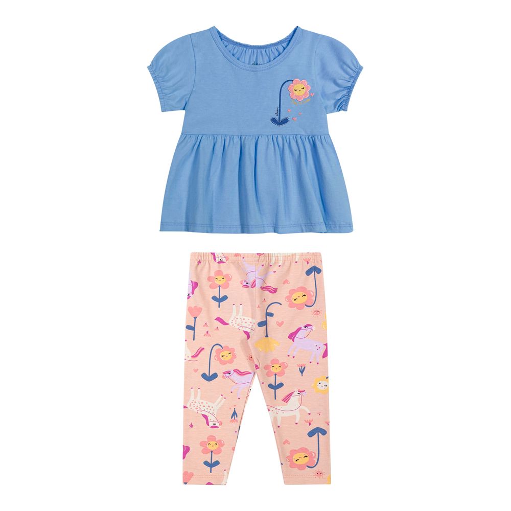 Conjunto Bebê Menina Curto Flor em Puff Elian Azul