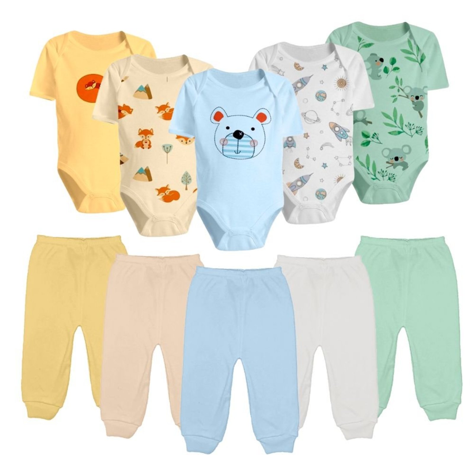Combo Enxoval Bebê 10 Peças Bodies e Calças Mijão 100% Algodão Koala Baby