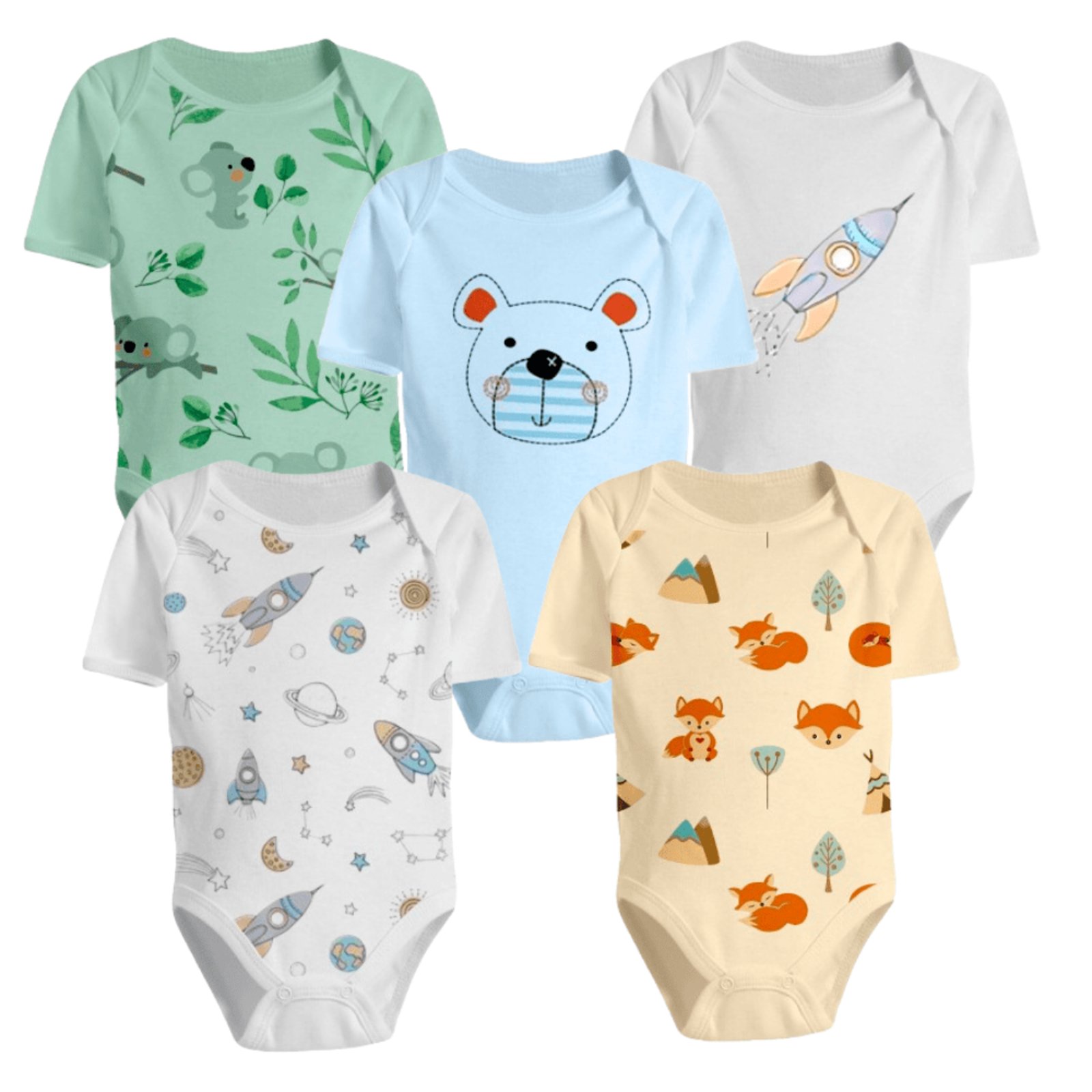Kit 5 Bodies de Bebê Manga Curta Estampados 100% Algodão Koala Baby