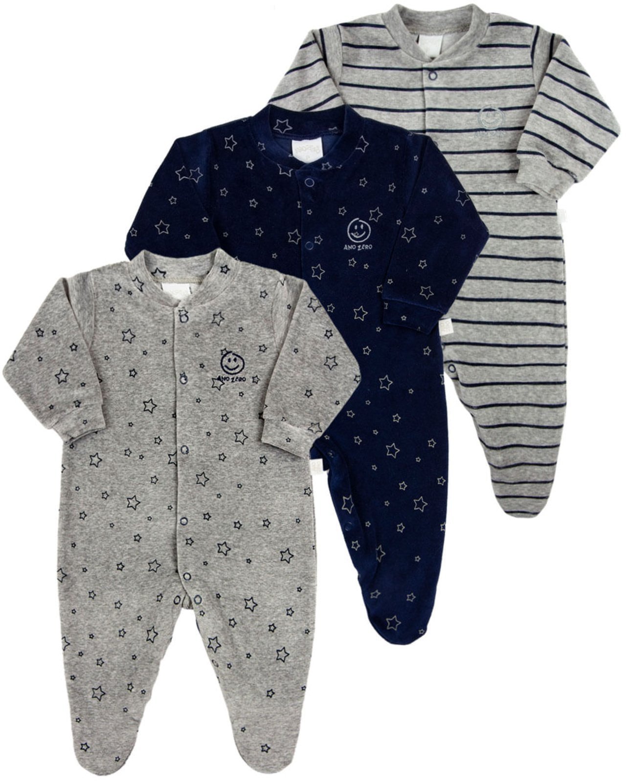 Kit 3 Macacões de Bebê Plush Ano Zero Azul Marinho Estrelinhas