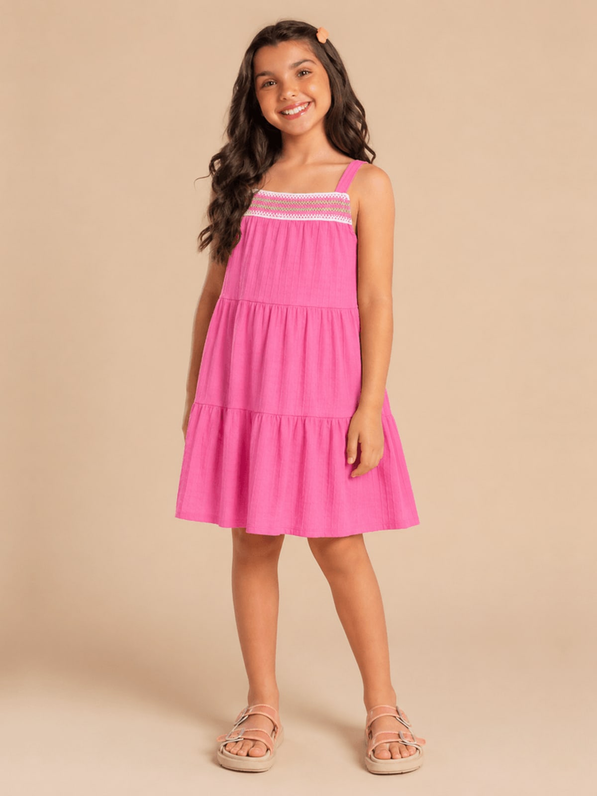 Vestido infantil menina em cotton com aplique de cadarço Brandili