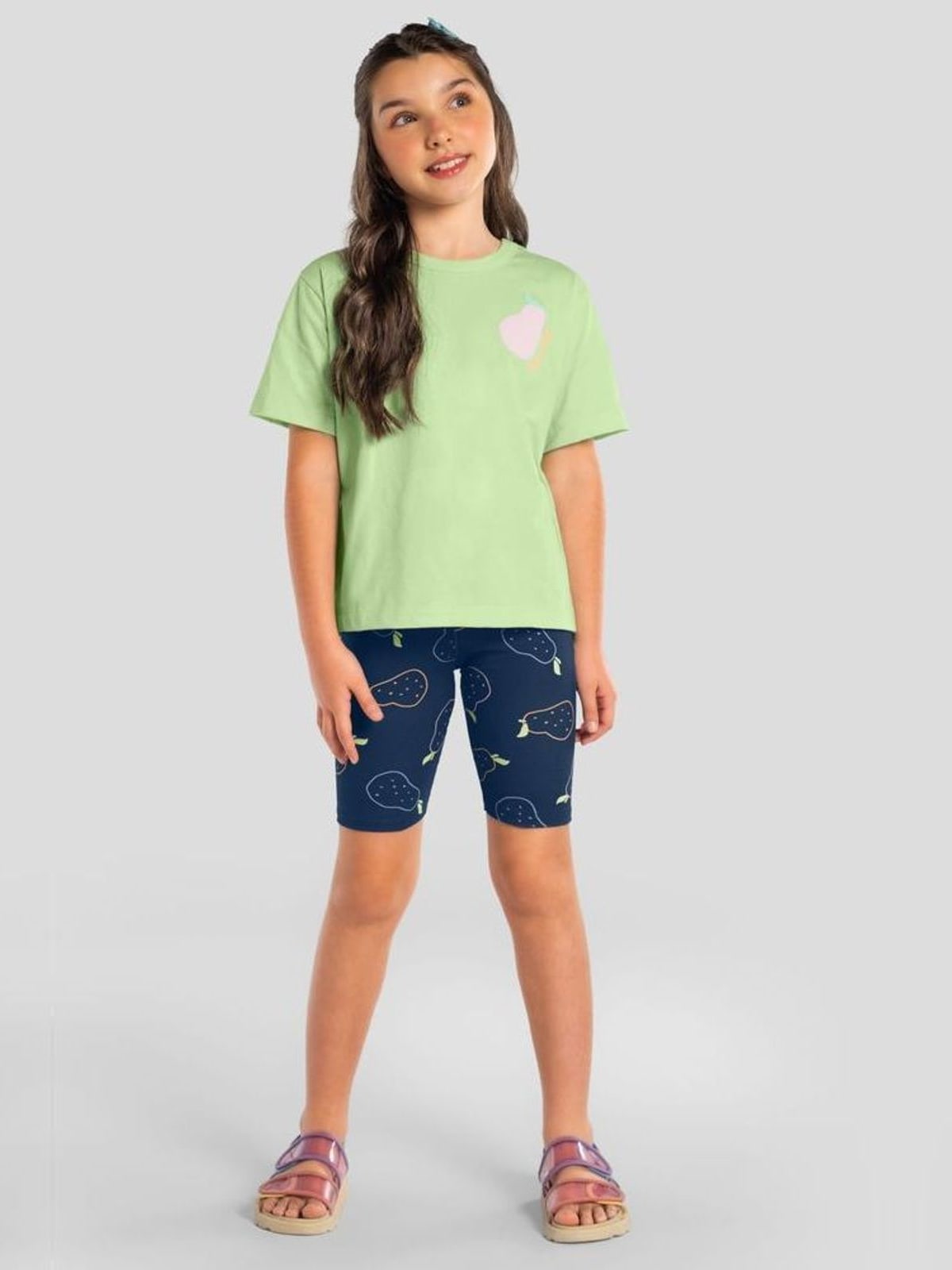 Bermuda ciclista infantil menina em cotton com estampa de pêra Brandili