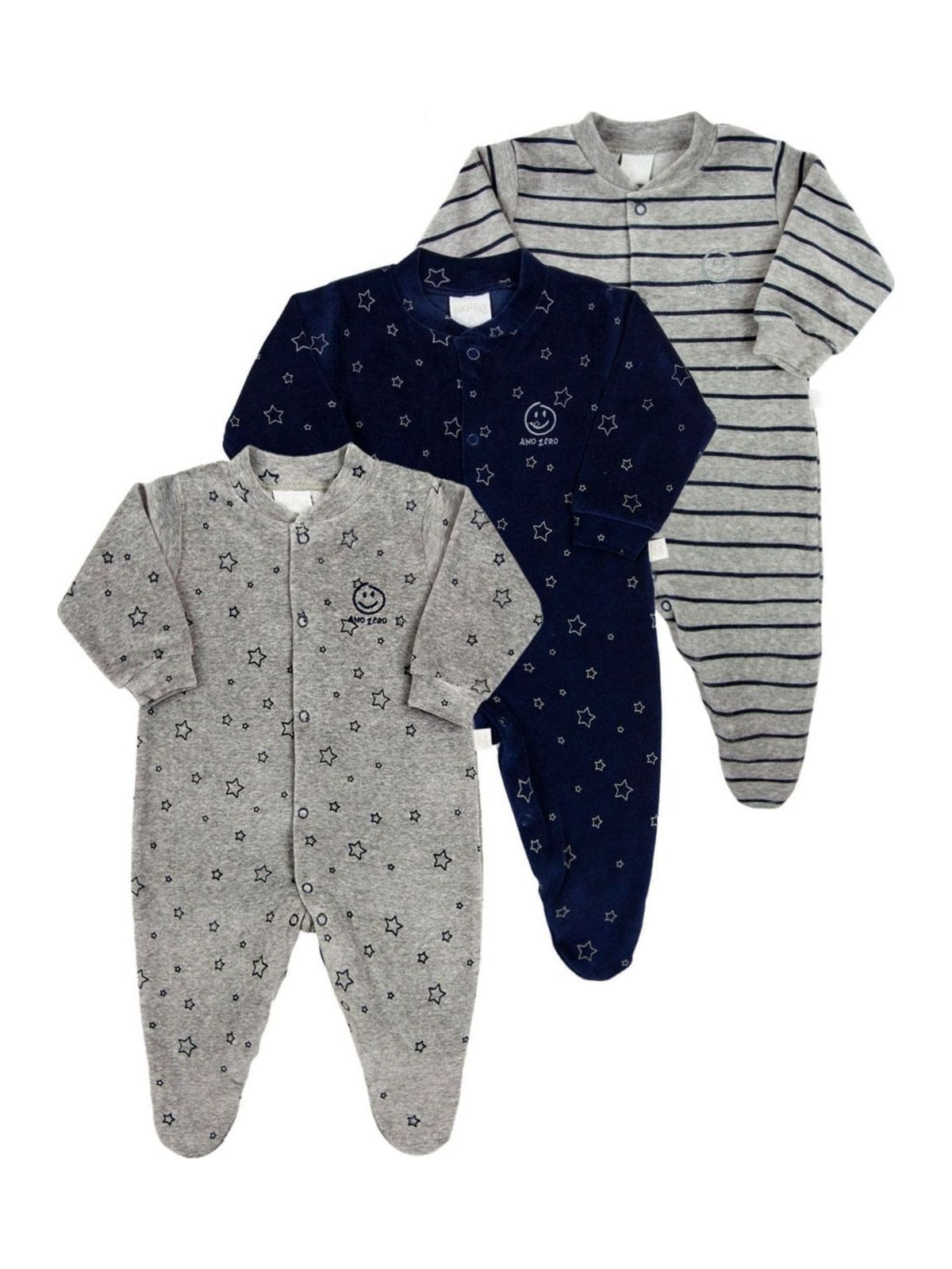 Kit 3 Macacões de Bebê Plush Ano Zero Azul Marinho Estrelinhas