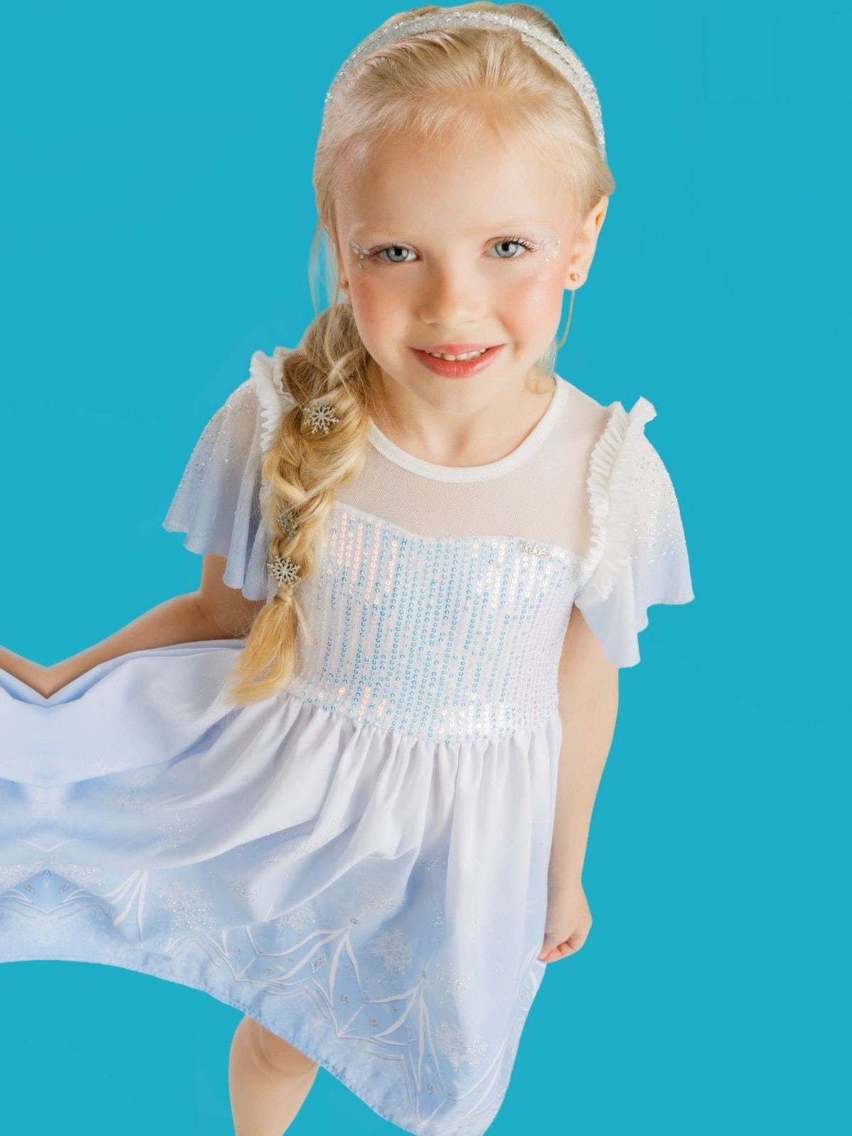 Fantasia de Princesa Do Gelo (Vestido em Malha UV Malha Paetê e Tule Brilho) Kukiê Infantil Menina
