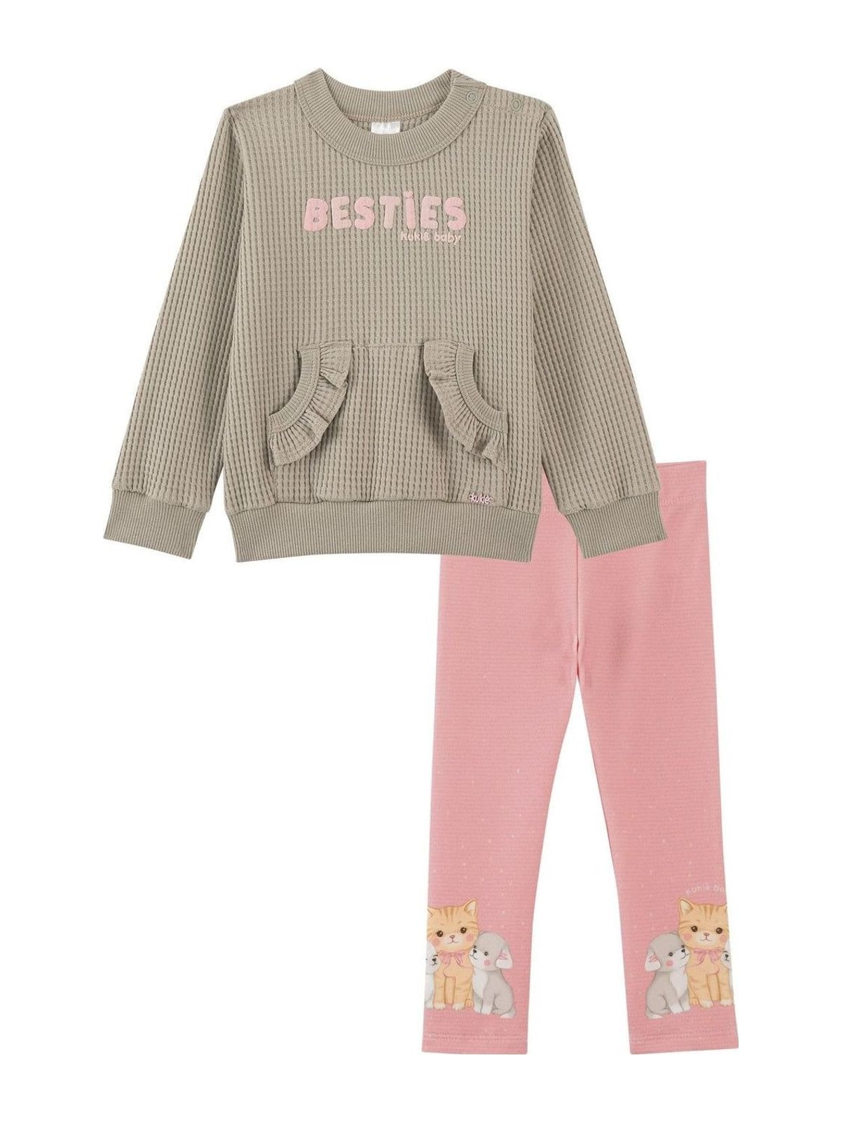 Conjunto de Blusão em Big Waffle e Calça Legging em Molecotton Kukiê Bebê Menina