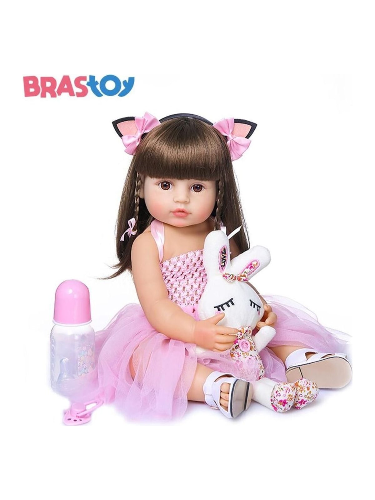 Boneca Bebê Reborn Brastoy 55 cm de Silicone com Coelhinho e Acessórios