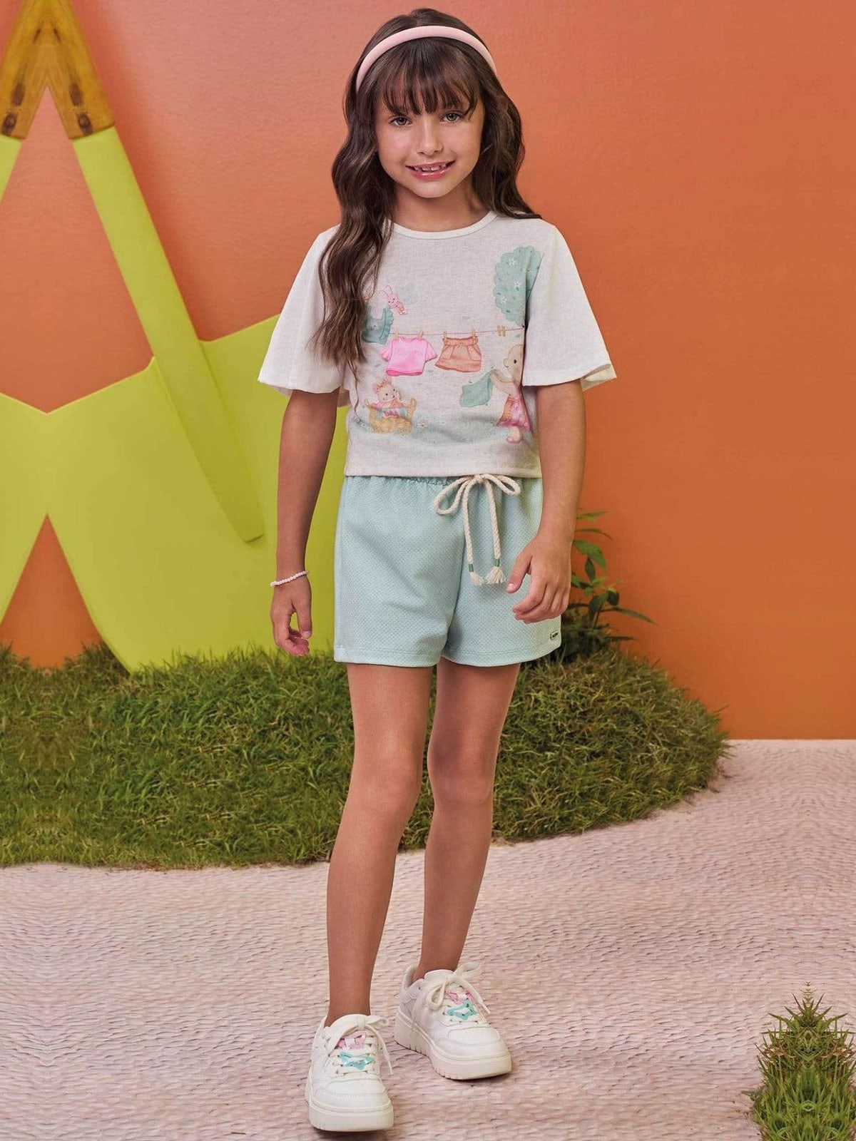 Conjunto de Blusa em Malha Fresh e Shorts em Molecotton Kukiê Infantil Menina