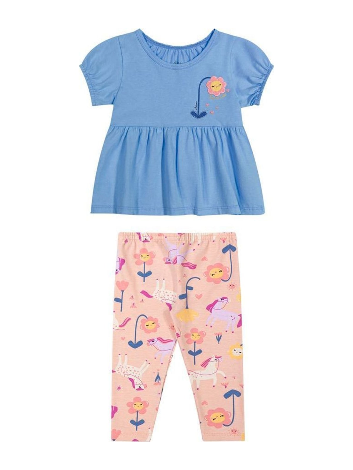 Conjunto Bebê Menina Curto Flor em Puff Elian Azul
