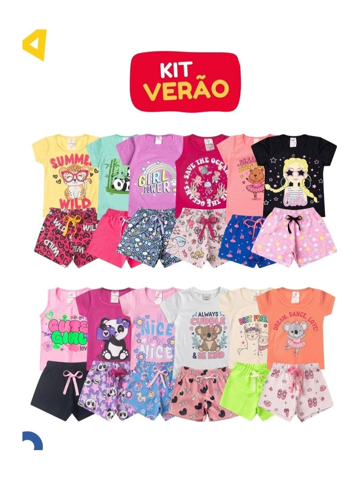Kit 10 Peças Roupa Infantil de Verão com 5 Camisetas e 5 Shorts