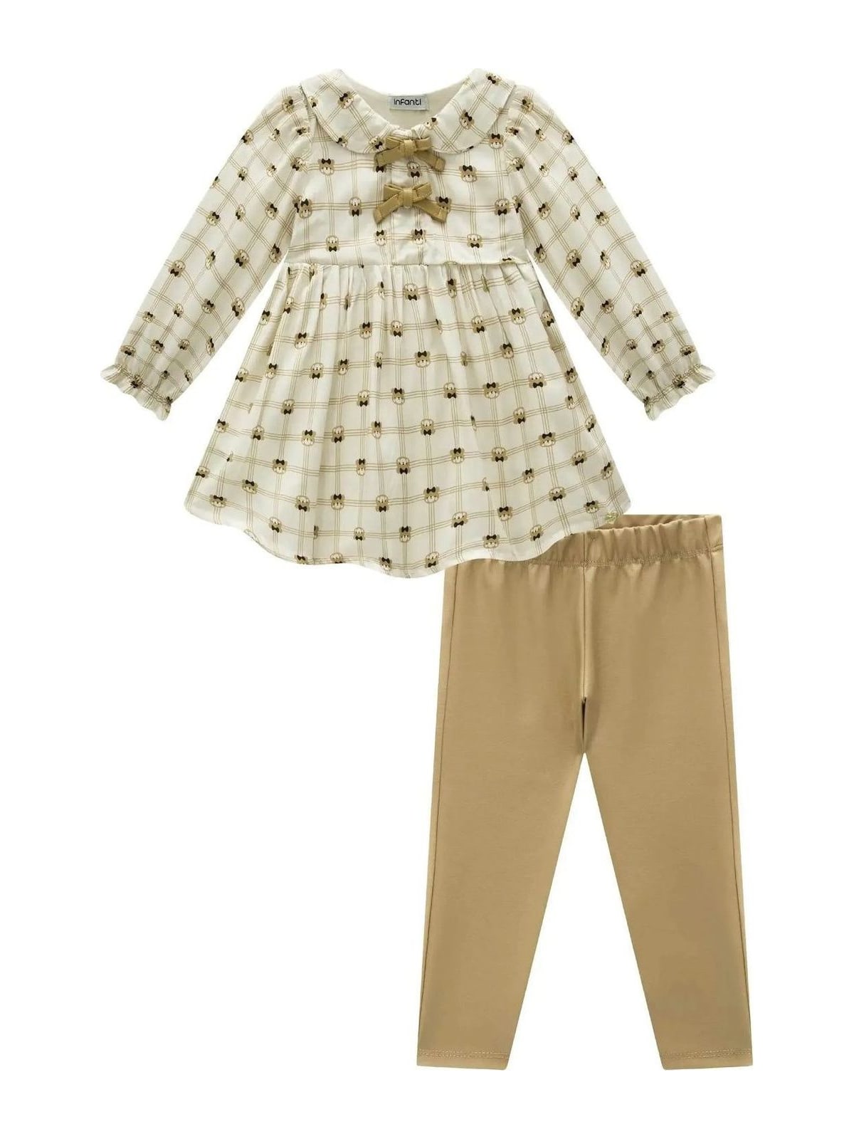 Conjunto de Bata em Viscose Sarj com Calça Legging em Couro Sintético e Termoskin Peluciado Infanti Bebê Menina Kukiê