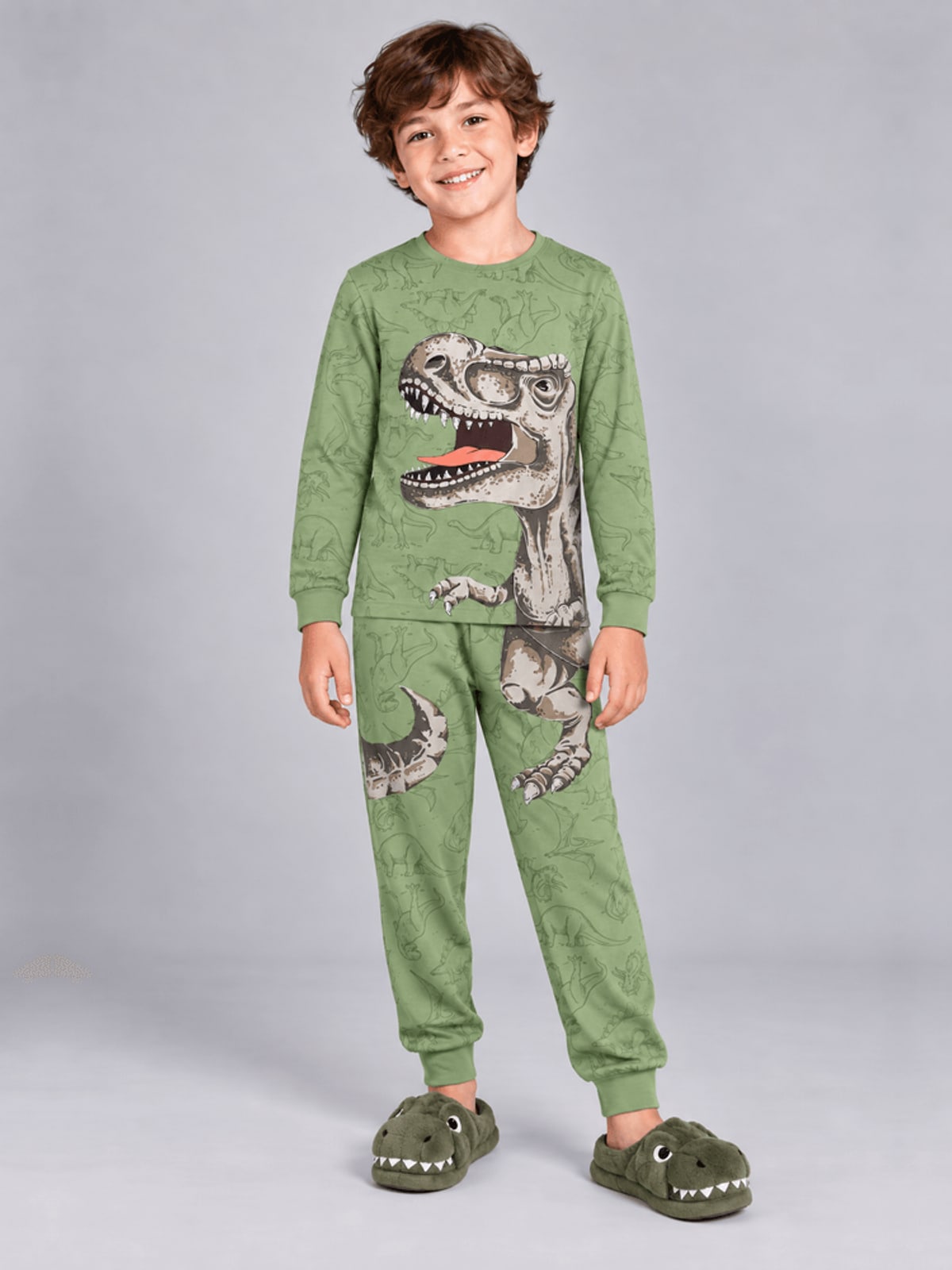 Pijama infantil menino em malha com estampa de dinossauro Brandili
