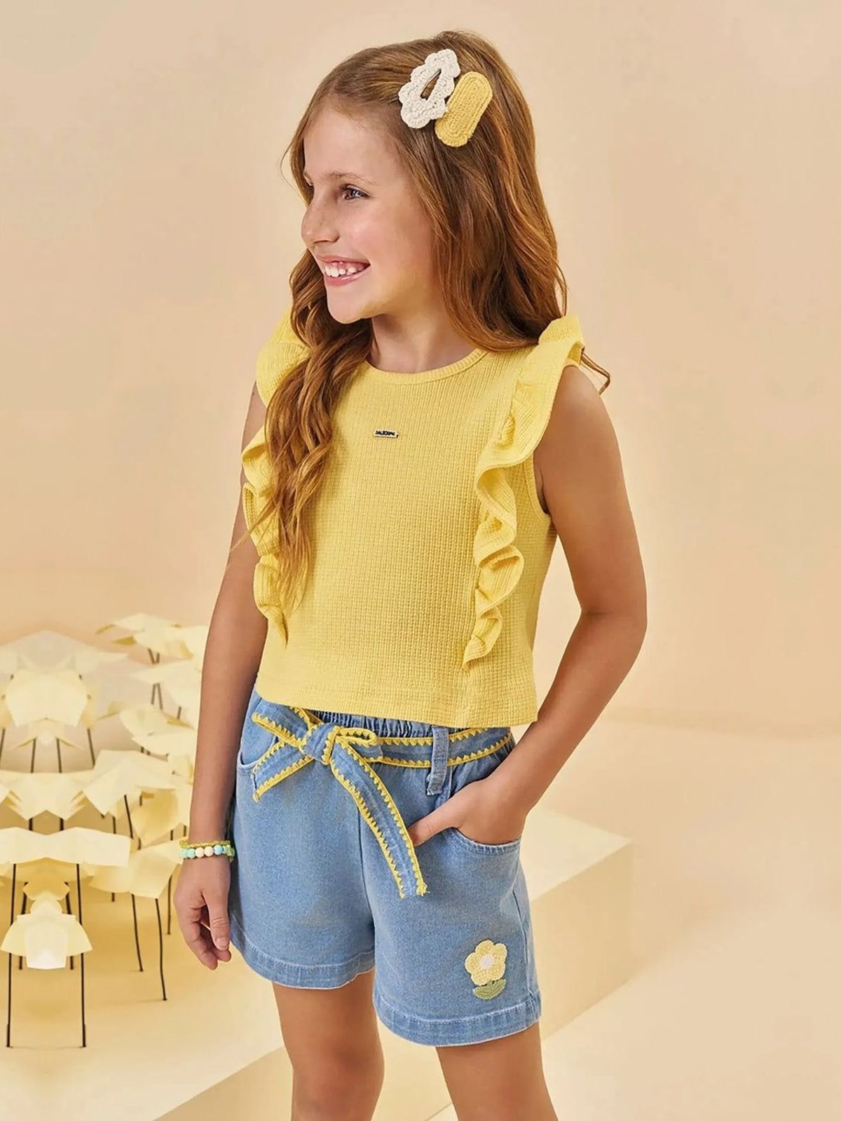 Conjunto de Blusa em Malha Waffle e Shorts em Jeans com Elastano Kukiê Infantil Menina