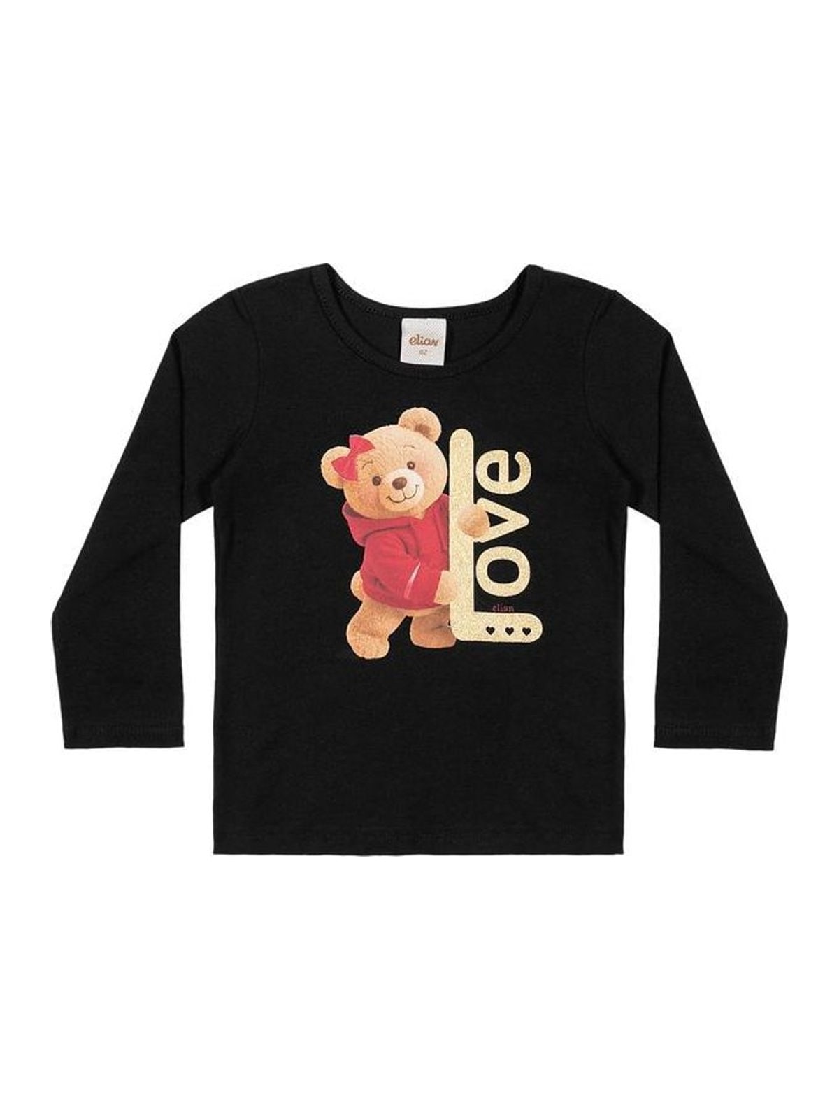 Blusa Infantil Menina Manga Longa Ursinha Elian Preto