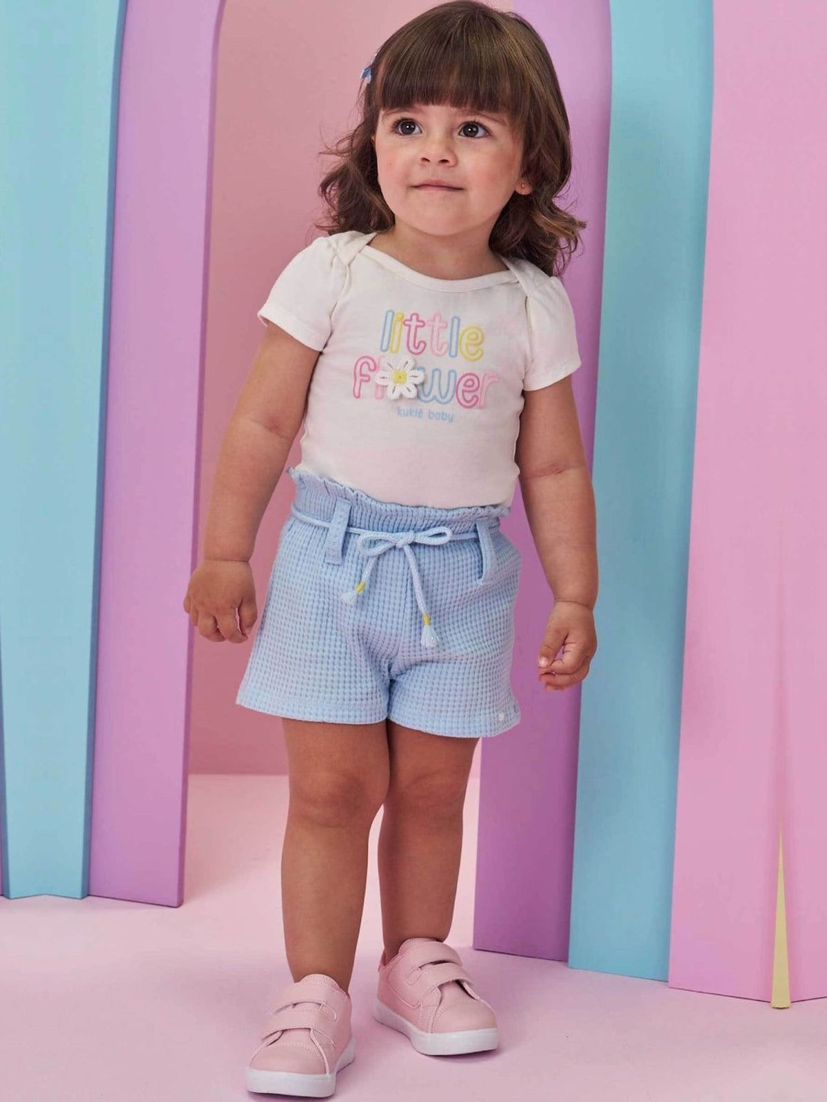 Conjunto de Body em Cotton e Shorts em Malha Big Waffle Kukiê Bebê Menina