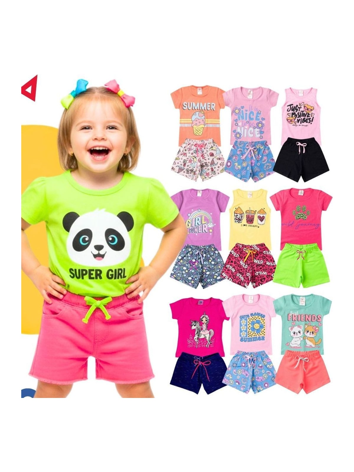 Kit 10 Peças Roupa Infantil de Verão com 5 Camisetas e 5 Shorts
