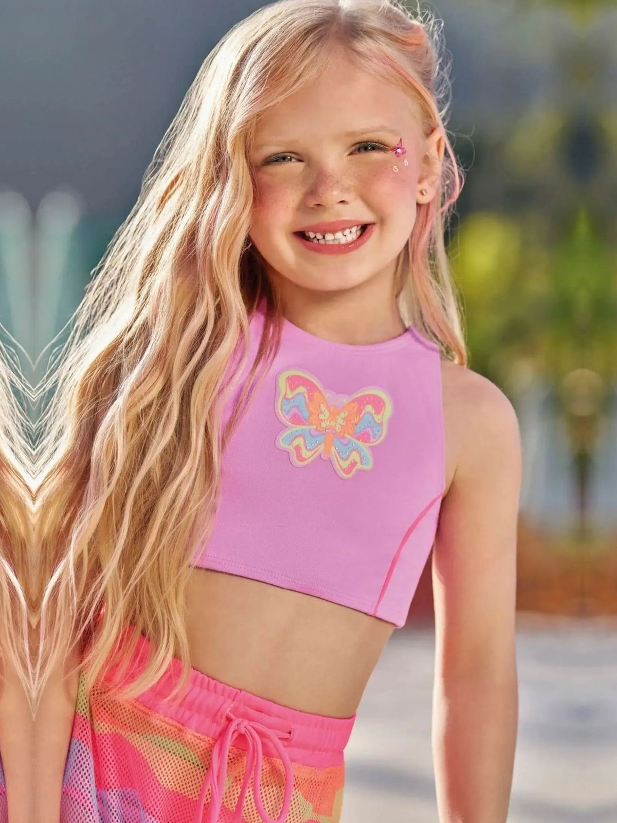 Trio de Biquíni em Malha Poliamida com Proteção UV50+ e Shorts em Tela Fashion Kukiê Infantil Menina