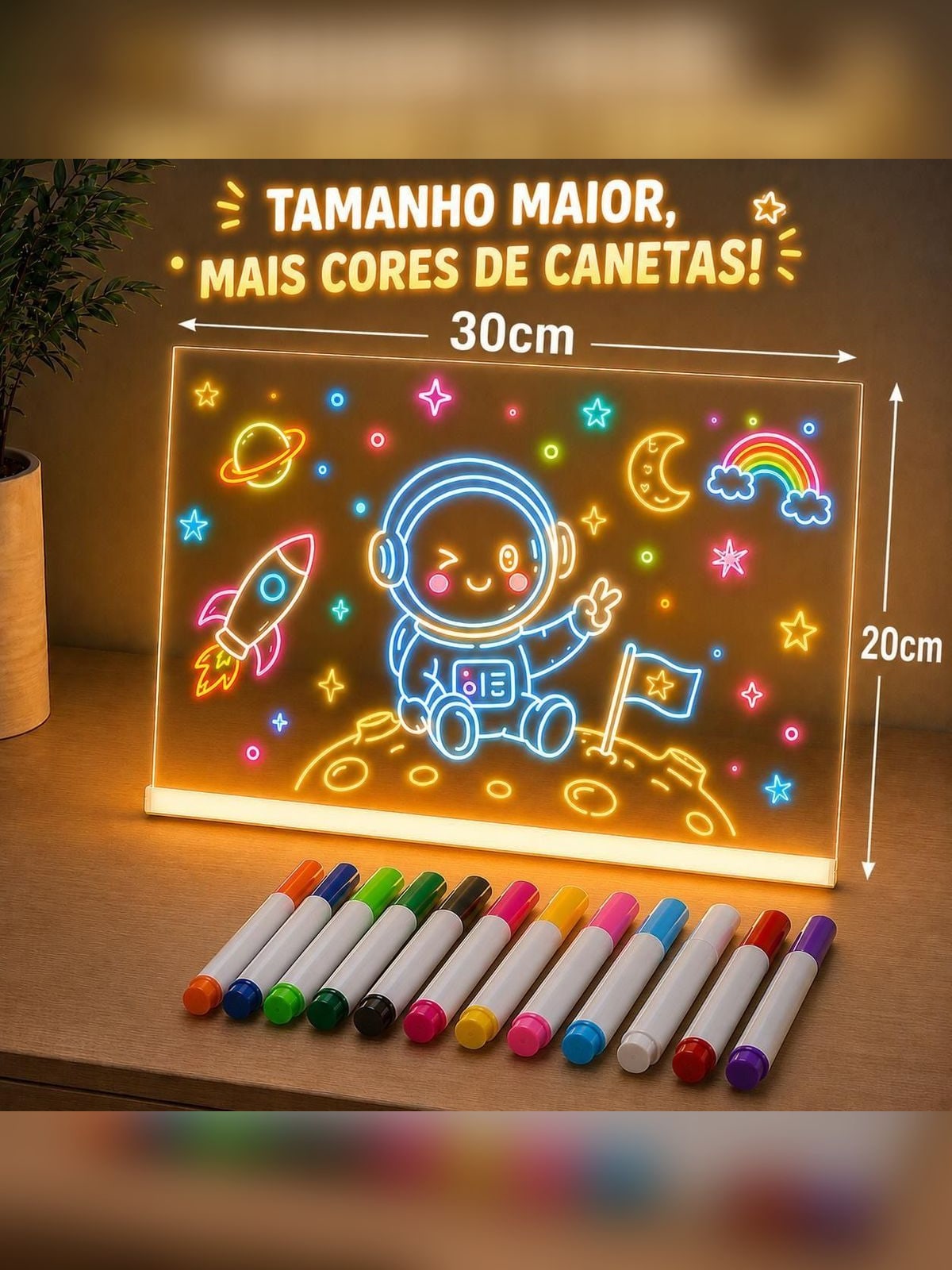 Lousa Mágica com Luz LED 30 x 20 cm e Canetas Coloridas