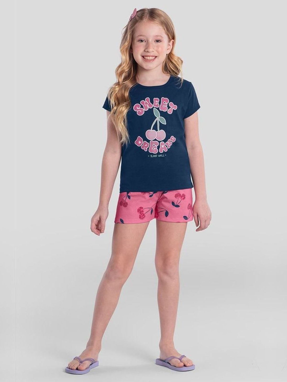 Pijama infantil menina de cereja brilha no escuro Brandili