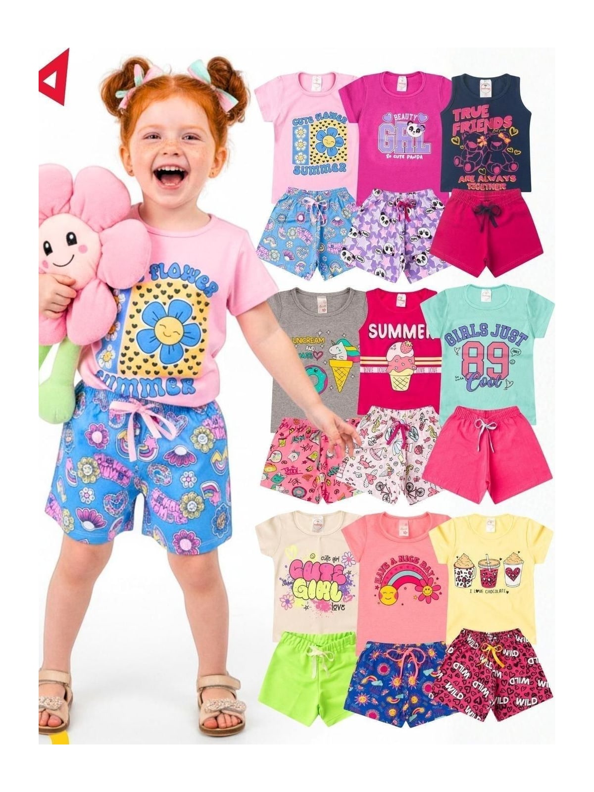 Kit 6 Peças Roupa Infantil de Verão com 3 Camisetas e 3 Shorts