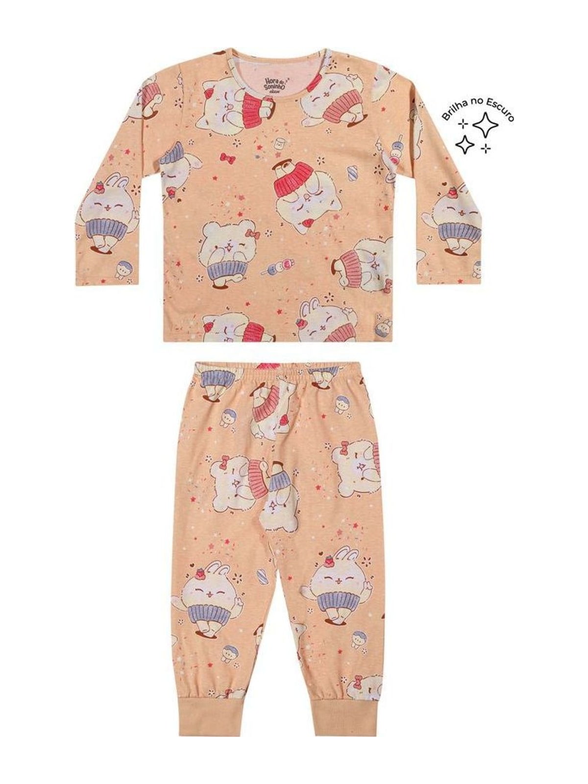 Pijama Longo Infantil Menina Doces Bichinhos Elian Bege