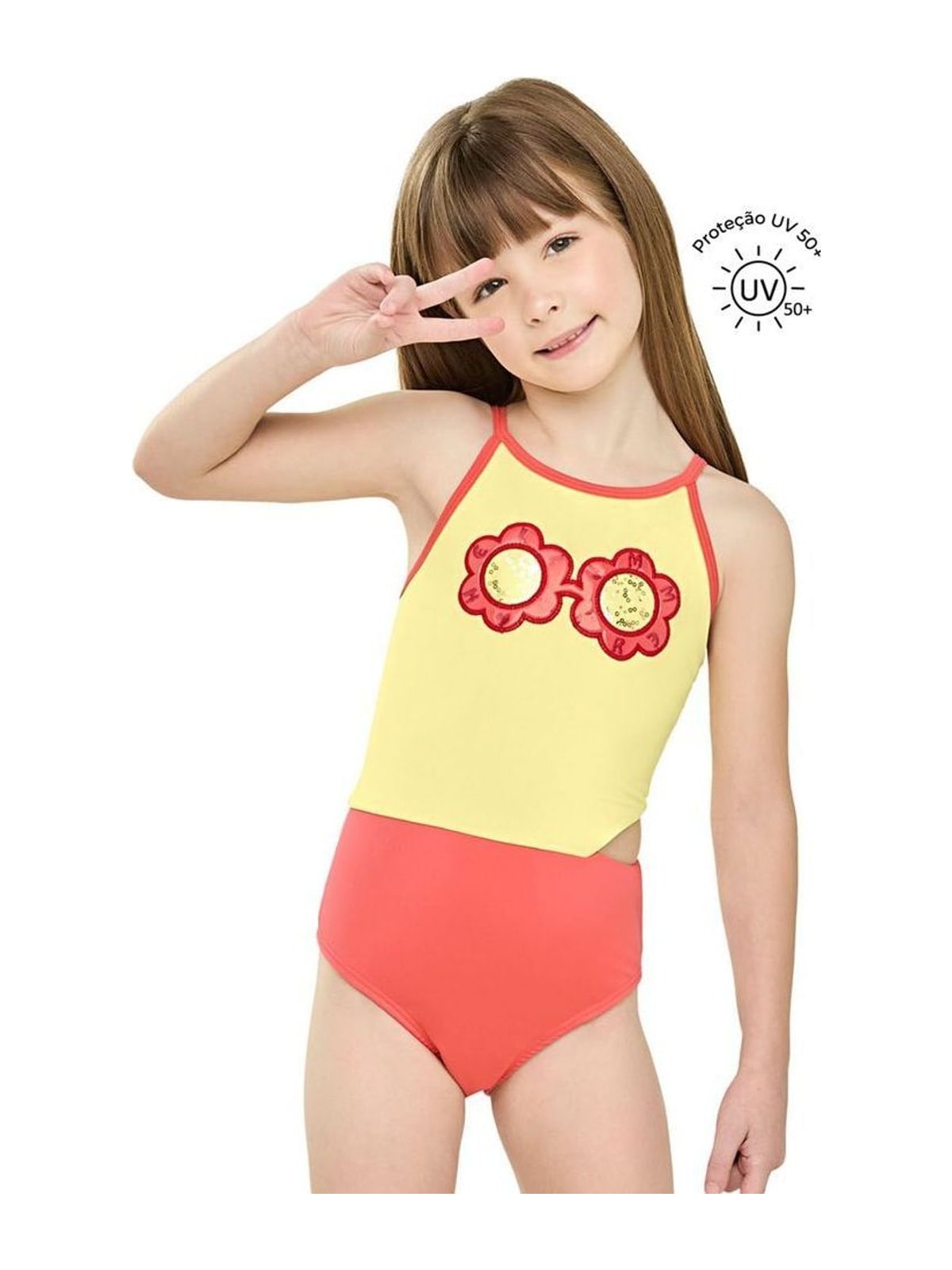 Maiô Infantil Menina Bordado Proteção UV Elian Amarelo