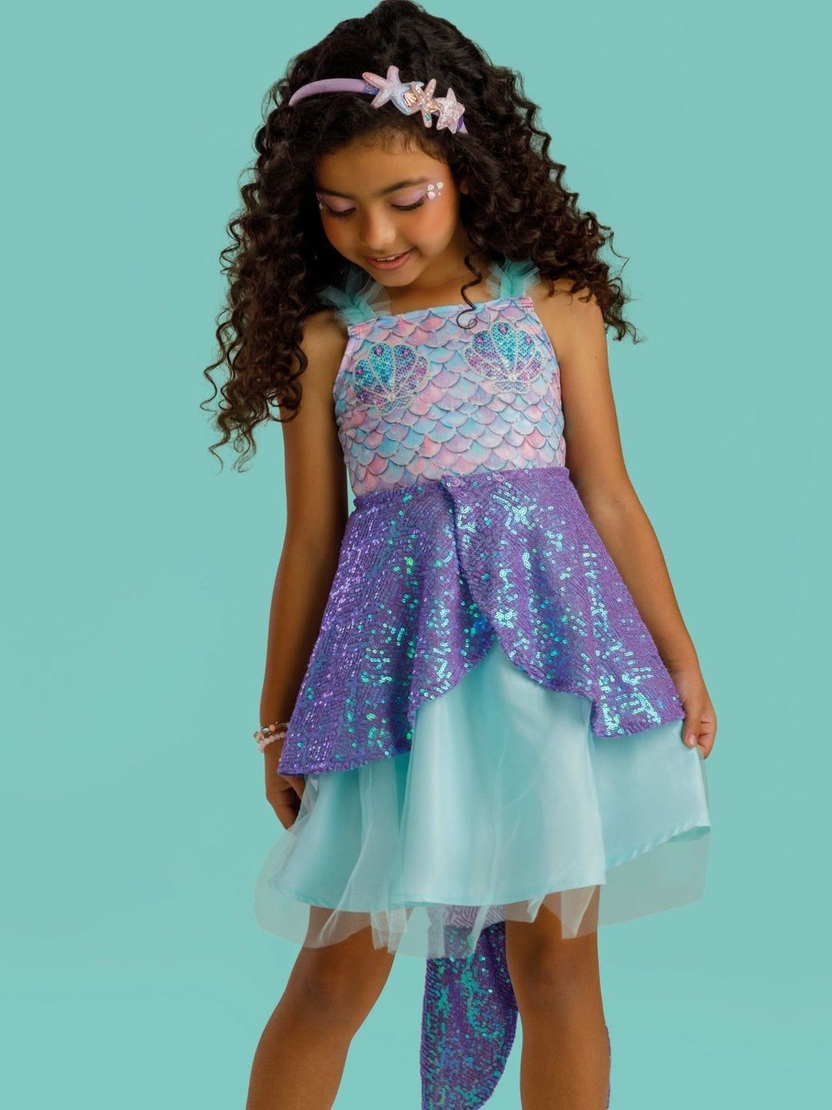 Fantasia de Sereia (Vestido em Malha UV Tule e Paetê Cristal Acompanha Cauda Removível) Kukiê Infantil Menina