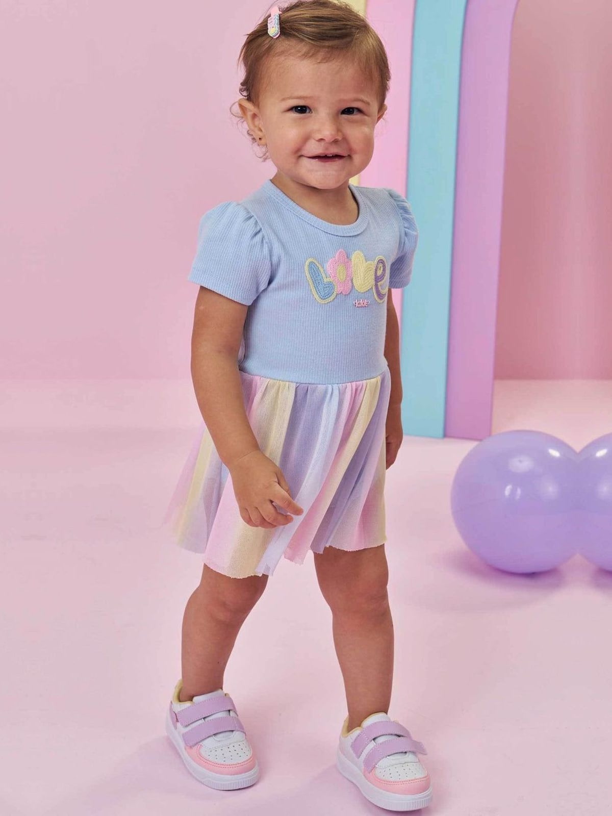 Vestbody em Canelado e Tule com Elastano Kukiê Bebê Menina