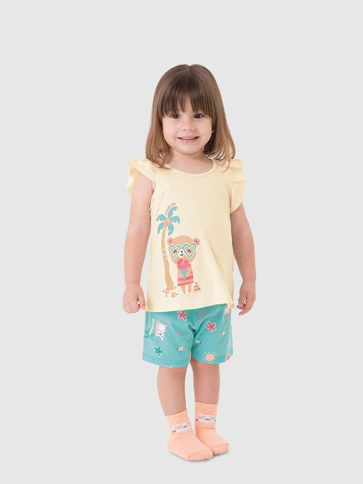 Pijama Curto Infantil Menina Blusa Manga Franzida Em Algodão Malwee Kids