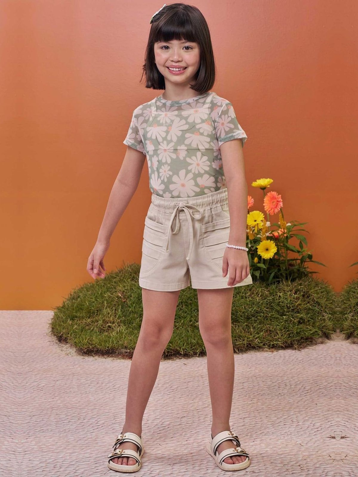 Trio de Blusa em Tule com Elastano Regata em Cotton e Shorts em Sarja com Elastano Kukiê Infantil Menina
