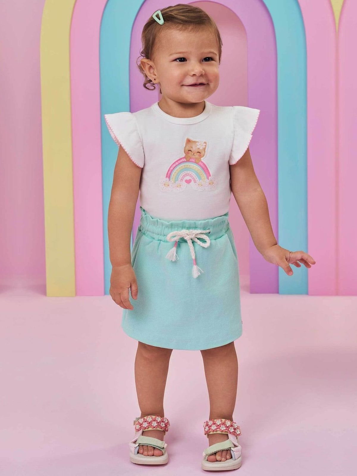 Conjunto de Body em Suedine e Short Saia em Canelado Kukiê Bebê Menina