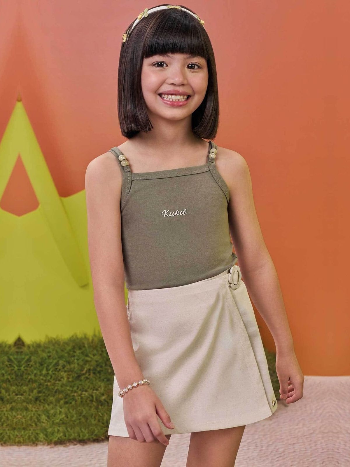 Conjunto de Regata em Cotton e Short Saia em Linho Santorini com Elastano Kukiê Infantil Menina