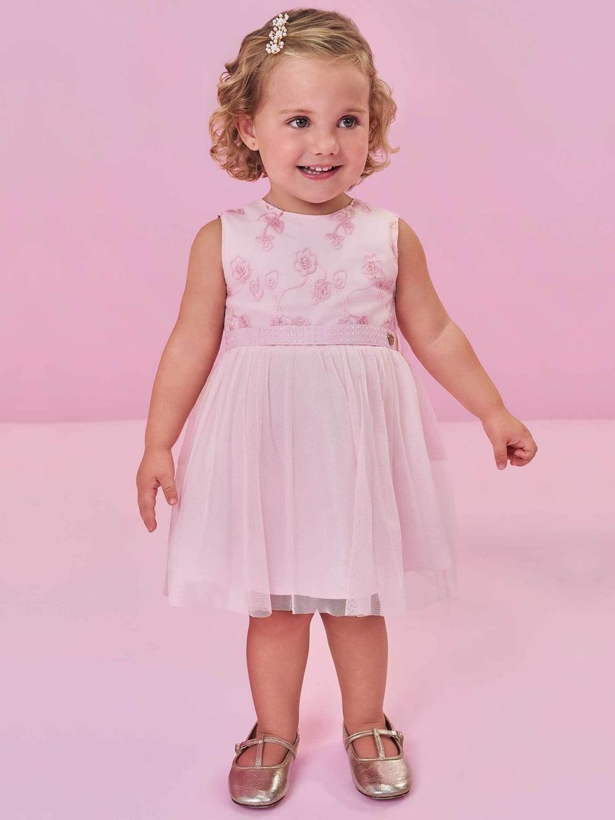 Vestido em Tule Bordado Flores Kukiê Bebê Menina