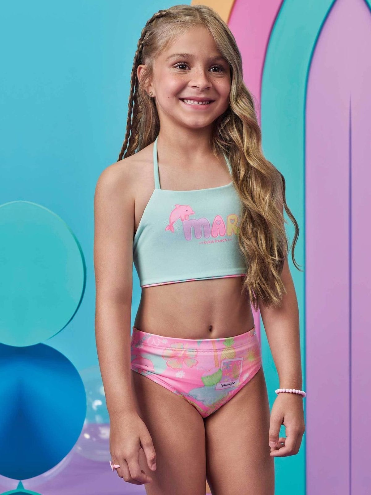 Biquíni em Malha com Proteção UV50+ (Parte Superior Reversível) Kukiê Infantil Menina