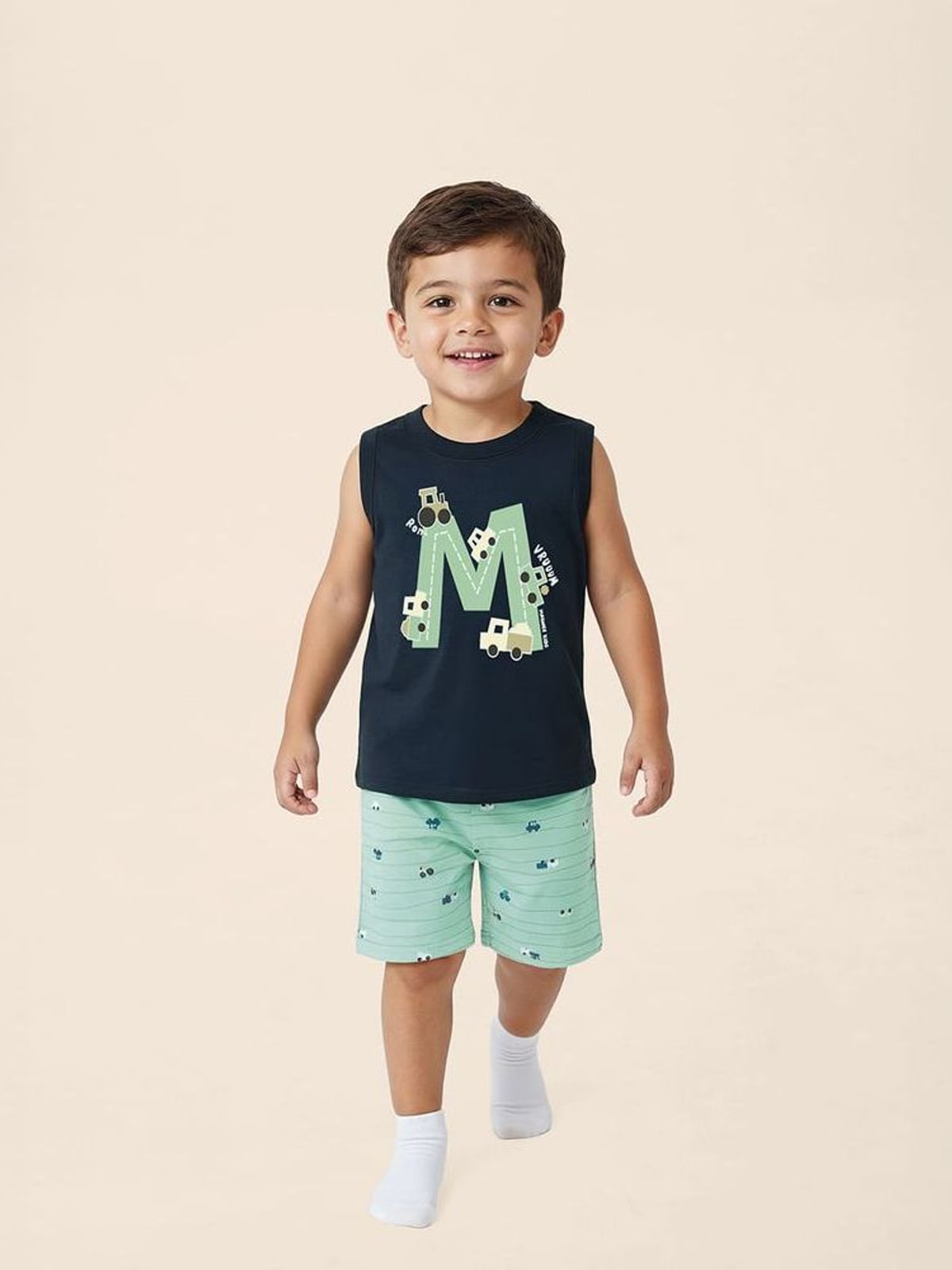 Pijama Curto Infantil Menino Regata E Bermuda Estampada Malwee Kids