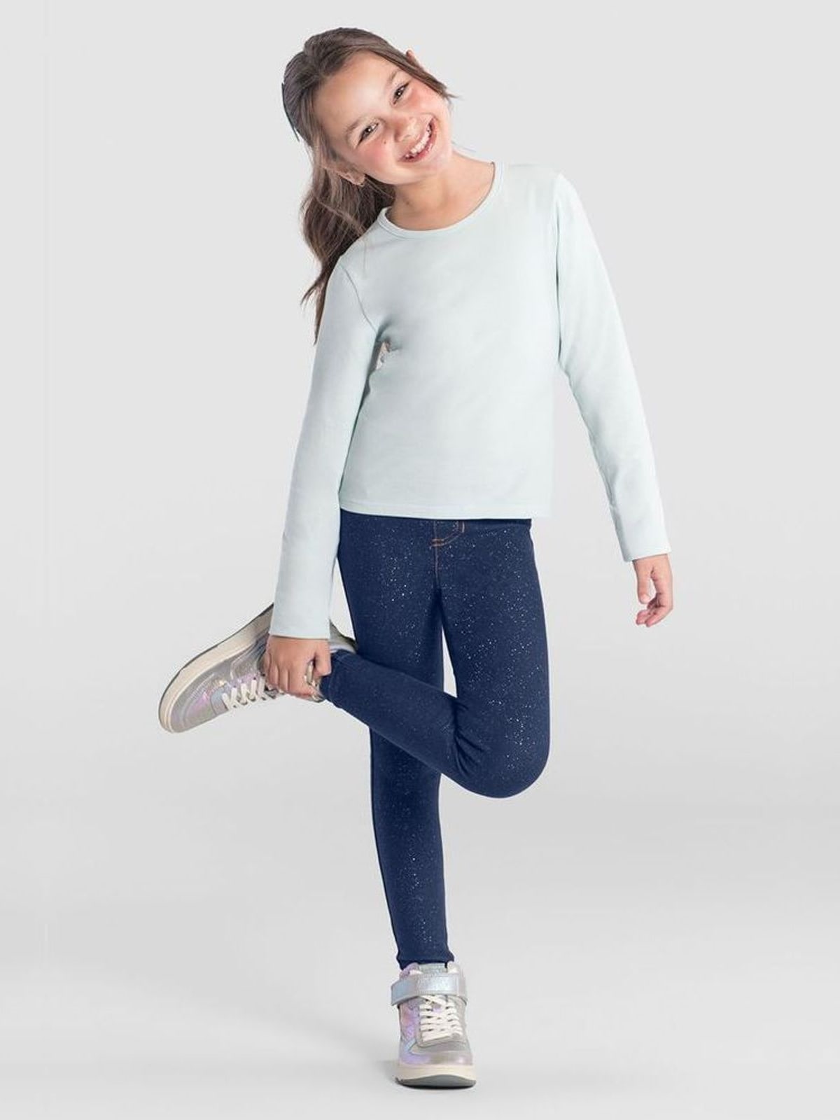 Calça legging infantil menina em cotton jeans com efeito brilho Brandili